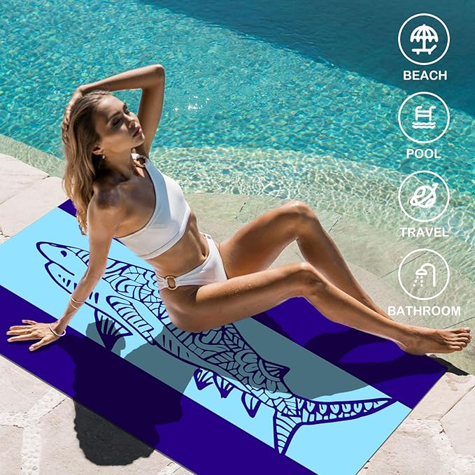 cabanana Sand Free Beach Towel - Large Oversized Beach Towel Sandproof 70x35 Big Microfiber Quick Dry Pool Towel, Thin Lightweight Compact for Travel Swimming Bath for Adults Women Men (Shark)