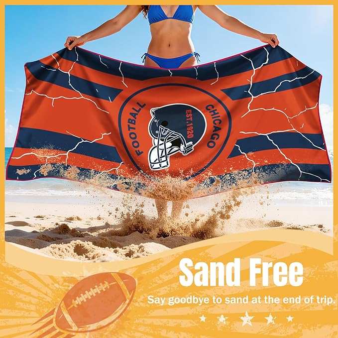 Football Fan Thin Lightweight Microfiber Beach Towel Chicago Themed Oversized Towels Men Women Apparel Bear Team Boyfriend Bf Dad Friend Christmas Xmas Father Day Cool Nice Gifts