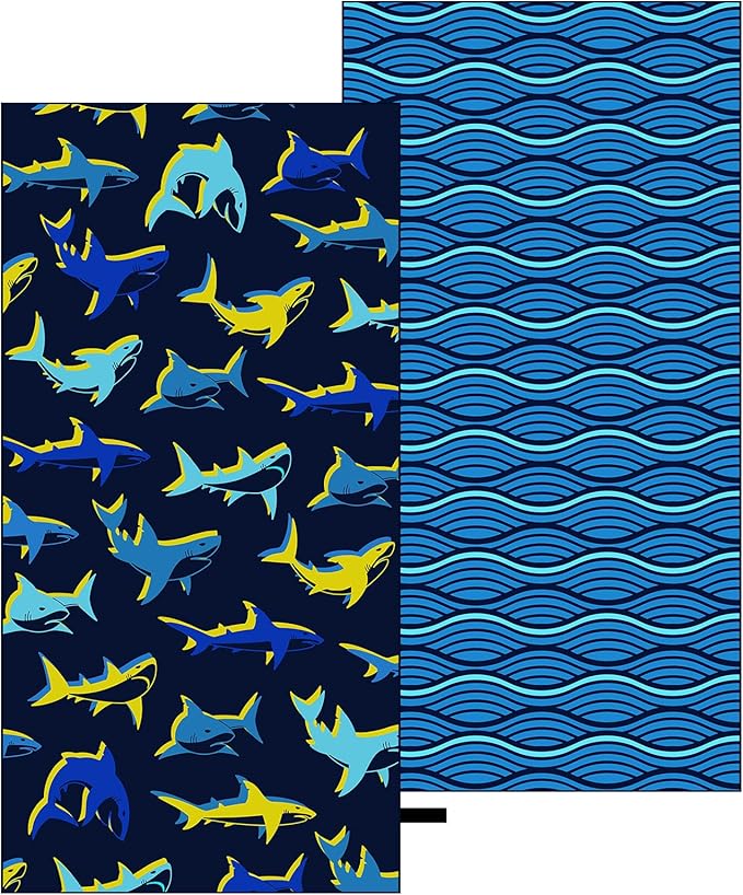 MelonBoat Large Microfiber Beach Towel: Bright Yellow Blue Shark Beach Towel for Travel, Super Absorbent Quick Dry Sand Free, Lightweight Compact for Kids Trip Vacation Bath Camping Pool Swim, 1 Pack