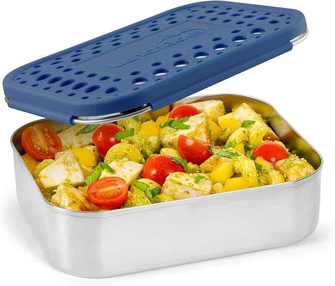 LunchBots Medium Uno Stainless Steel Sandwich Container - Open Design for Wraps - Salads or a Small Meal - Eco-Friendly - Dishwasher Safe and BPA-Free - Blue Dots