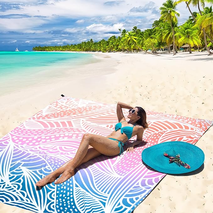 Beach Blanket Waterproof Sandproof Beach Mat for 1-8 Adults Quick Drying Durable Outdoor Picnic Mat for Beach Festival Travel Camping Hiking (Gradiant-Ripple, 79"×83"(4 Person))