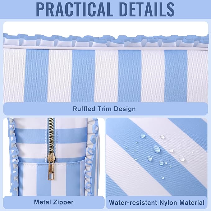 Stripe Ruffle Makeup Bag,Large Travel Cute Cosmetic Bag for Women Girls,Toiletry Bag Make up Organizer 10.8 x 4.5 x 8 inch (Blue Stripe)