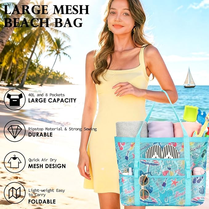 Mesh Beach Bag, Large Beach Tote with Zipper Pocket, Toys Pool Bag for Family Travel Vacation Cruise Essentials