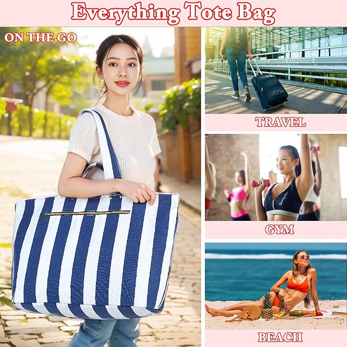 Large Canvas Beach Bag for Women, Beach Bags Waterproof Sandproof with Zipper & Wet Bag Cruise Essentials
