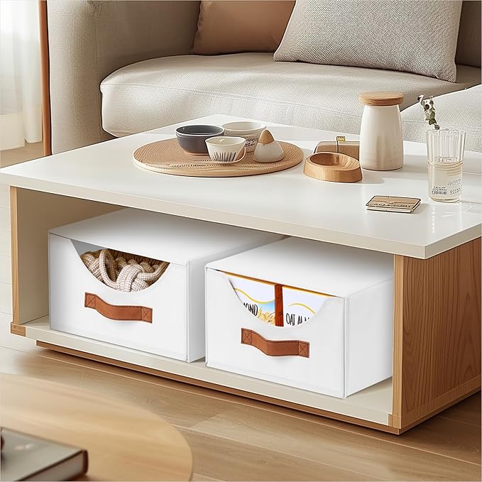 Stackable Storage Drawers - Collapsible Storage Bins with Drawers, 4 Pack Closet Shelf Organizer Basket, Fabric Pull Out Organizer for Bedroom, Living Room, Dorm, White