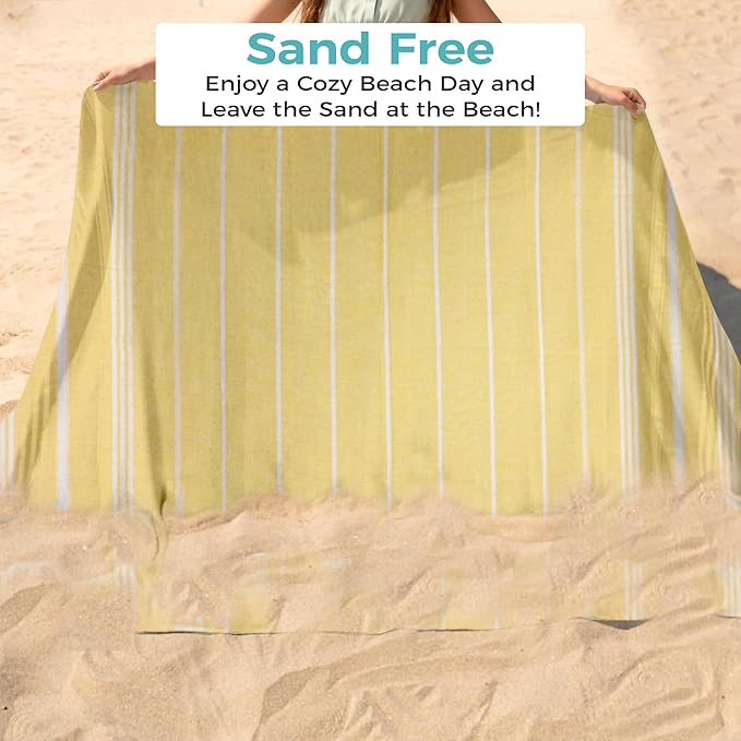 Turkish Beach Towel with Hidden Zipper Pocket 100% Cotton Oversized 72 x 37 Inches Quick Dry Sand Free Lightweight Compact for Beach, Pool, Travel, Bath, and Yoga (Light Yellow)