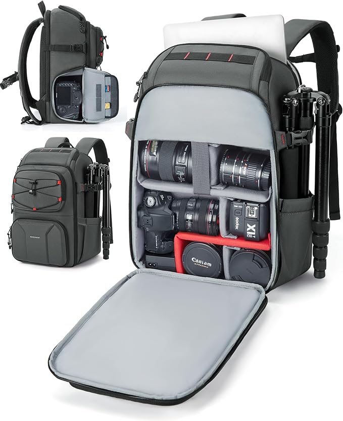 BAGSMART Camera Bag for Photographers, Professional Camera Bag Fits up to 15.6" Laptop, DSLR/Drones/Tripod Camera Case with Rain Cover, Grey