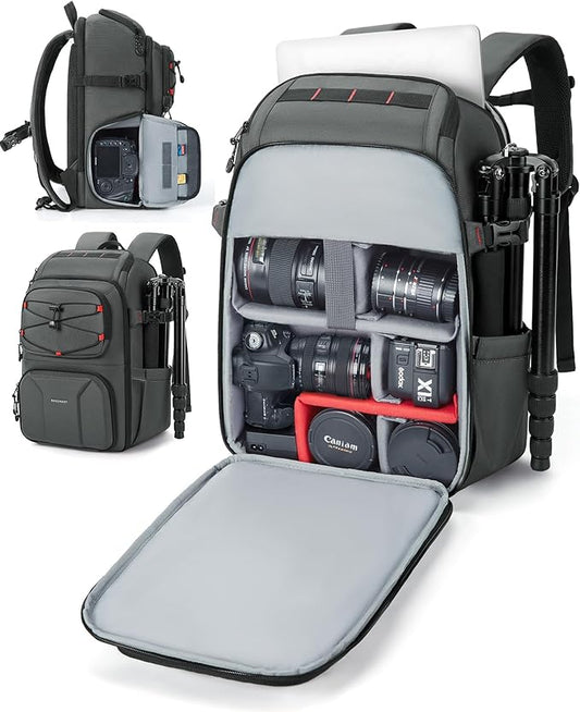 BAGSMART Camera Bag for Photographers, Professional Camera Bag Fits up to 15.6" Laptop, DSLR/Drones/Tripod Camera Case with Rain Cover, Grey