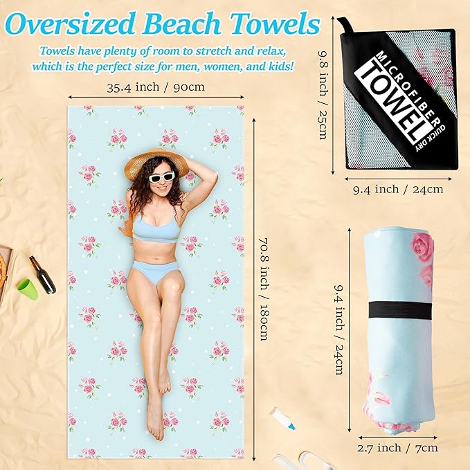Blue Rose Oversized Beach Towel - Double-Sided Thin Microfiber Lightweight Pool Towel 71"x 35", Quick Dry Sand Free Blanket for Summer Beach Swimming Bath Sport Travel Camping for Women Girls