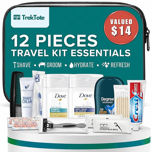 Trektote 12 Piece Men’s Travel Hygiene Kit with Toiletries & Grooming Essentials, TSA-Compliant, Clear Cosmetic Bag - Single or Bulk Packs