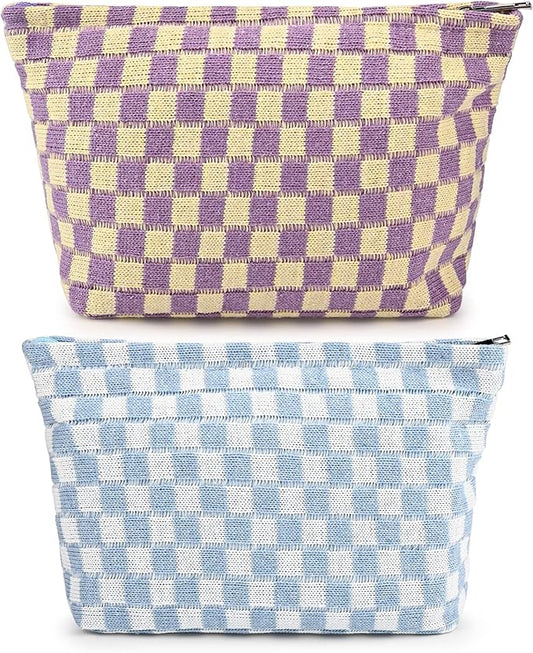 SOIDRAM 2 Pieces Makeup Bag Large Checkered Cosmetic Bag Capacity Canvas Travel Toiletry Bag Organizer Cute Makeup Brushes Aesthetic Accessories Storage Bag for Women,Checkered L Purple Light blue