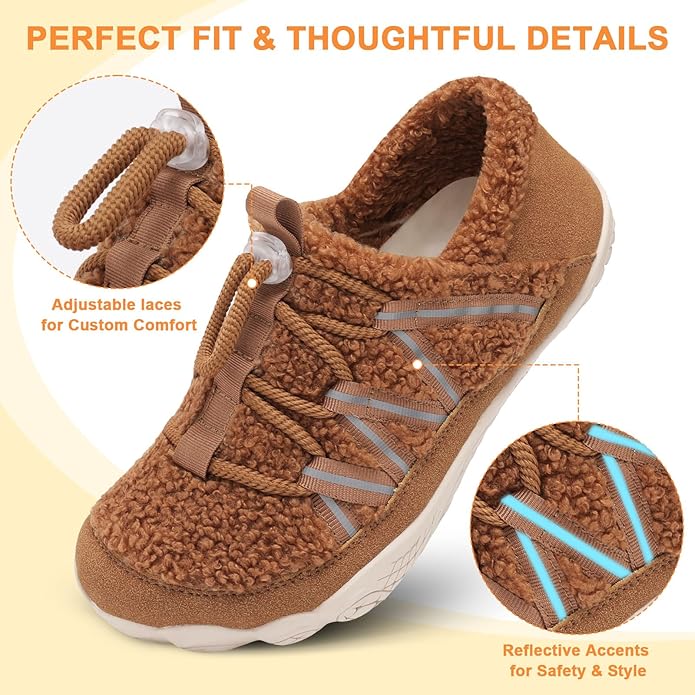 relxfeet Women's Wide Width Slippers Cozy Furry Barefoot House Shoes with Adjustable Fit Non-Slip Indoor Outdoor Slippers for Diabetic Bunion Swollen Feet Friendly