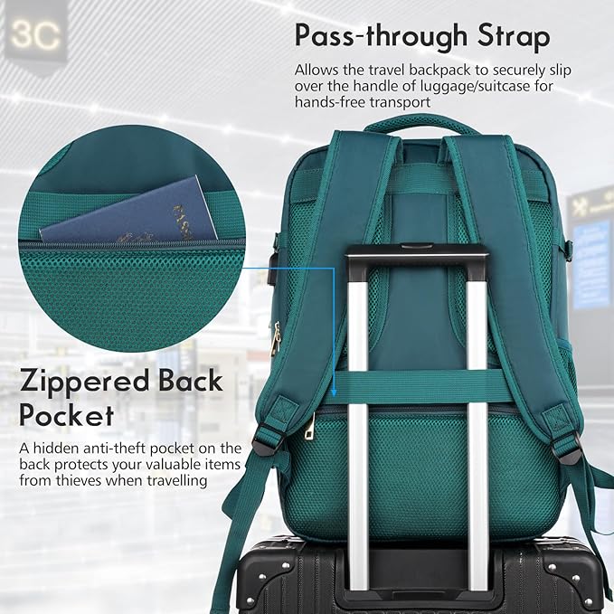 MOMUVO Large Travel Backpack Women, Flight Approved Carry On Backpack, Water Resistant Anti-Theft Large Casual Daypack Fit 17 Inch Laptop with USB Charging Port, Peacock Blue