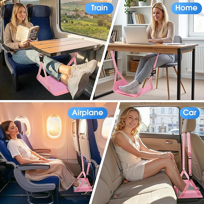 Airplane Foot Rest - Lightweight Foot Hammock for Plane Travel with Adjustable Strap & Thick Board, Tray Table Under Desk Footrest to Relax Feet, Travel Essentials for Long Flights(Pink)
