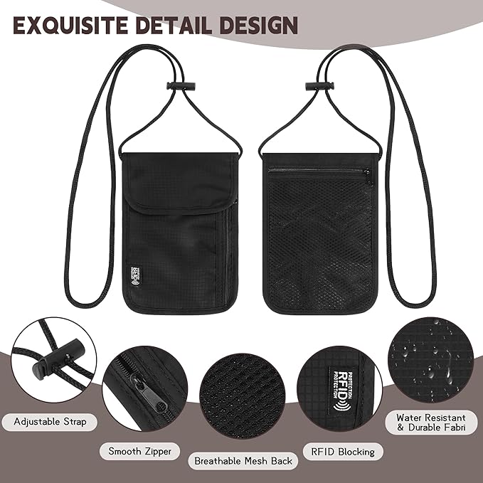 5.5" L x 7.9" W Travel Neck Wallet, RFID Blocking Passport Holder, Security Lightweight Passport Travel Wallet, Neck Pouch Gifts for Women Men(Black)