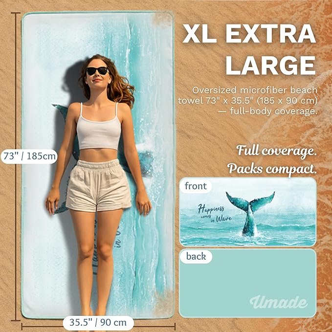 Umade Oversized Microfiber Beach Towel, L 73" x 35.5" - Sand Free Quick Dry Lightweight Travel Towel, Hanging Loop & Elastic Strap, Whale Tail Design (Aqua Blue)