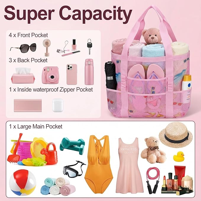 Mesh Beach Bags for Women - Family Beach Tote Bag for Toys, Towels, Travel Vacation Cruise Essentials