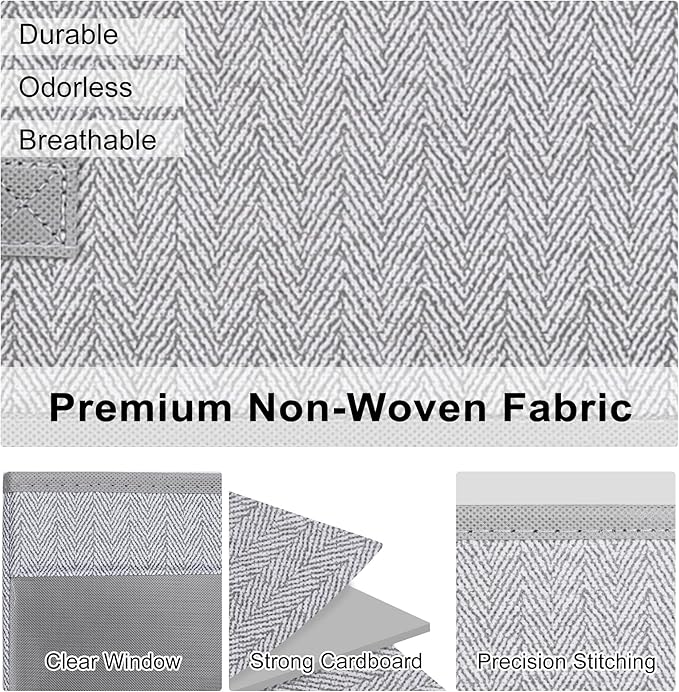 WUIKE Closet Storage Bins, Large Fabric Storage Baskets with Clear Window, Foldable Organizer for Clothes, Shelves, Herringbone Gray, 3 Pack