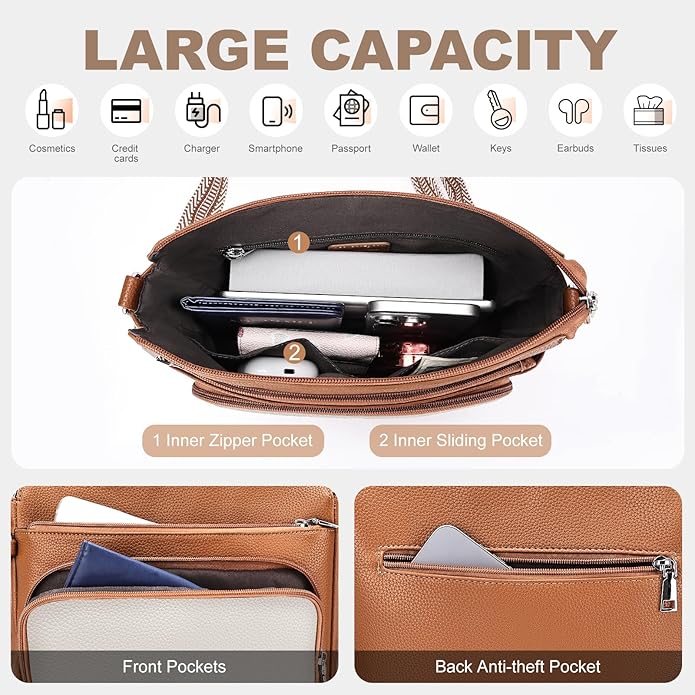 Anti-Theft Crossbody Purse for Women, Crossbody Shoulder Bag with Built-in Wallet & RFID Blocking for Travel Workout