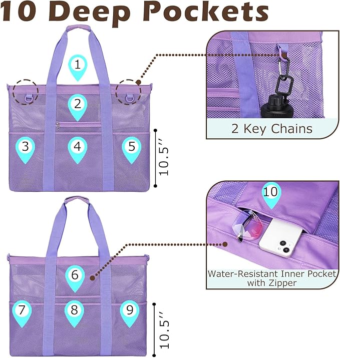 Mesh Beach Bag, Large Beach Tote with Zipper Pocket, Toys Pool Bag for Family Travel Vacation Cruise Essentials