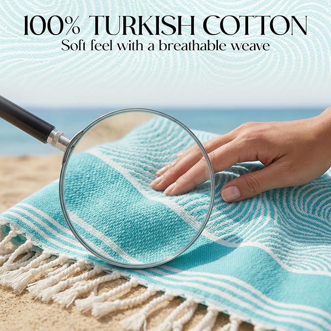 DECOLURE Turkish Beach Towel Oversized 39x73 Inch - 100% Turkish Cotton, Quick Dry and Sand Free Beach Towels for Travel - Lightweight, Absorbent & Soft Peshtemal Towel - (Cyan Wave)