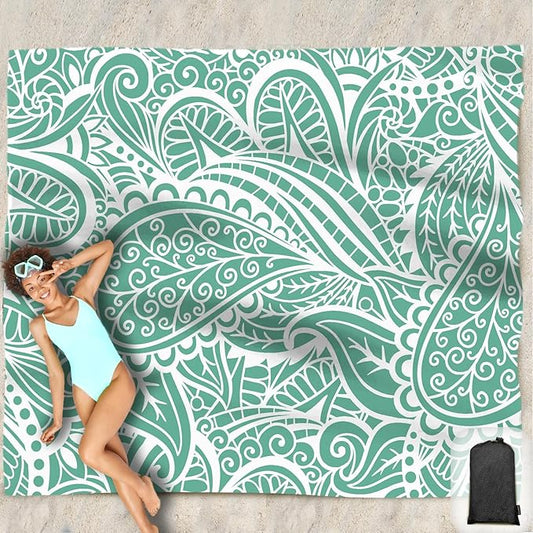Beach Blanket Waterproof Sandproof Oversized 95”x 80”,Sand Free Beach Mat with Corner Pockets,Portable Mesh Bag for Beach Festival,Picnic,Travel and Outdoor Camping (Greenleaf)