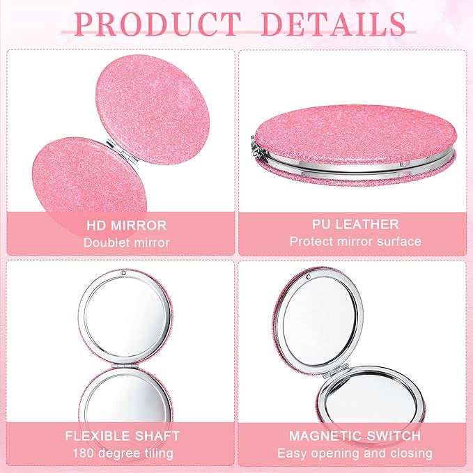 Weysat 12 Pcs Cute Pink Compact Mirrors for Women Galentine's Day, Small Magnifying Travel Makeup Mirror with Glitter, Mini Double-Sided Portable 2x/1x Magnification Folding Pocket, PU Leather, Gift