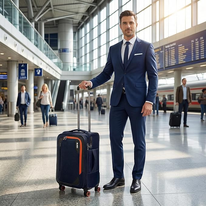 22 inch Carry on Luggage,Softside Suitcase w/TSA LOCK,Expandable 20% Luggage w/Spinner Wheels, Tear-Resistant,Lightweight Rolling Suitcases for Men/Women（Navy,22in）