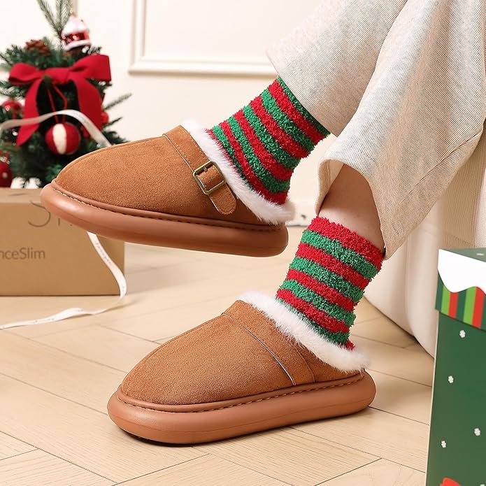 Close Toe Slip On Cotton Slippers with Breathable Faux Fur Memory Foam House Slippers for Women Warm Fuzzy Indoor Slippers with Non-Slip Rubber Sole