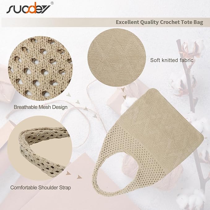 SUOSDEY Crochet Mesh Beach Tote Bag, Knit Summer Vacation Aesthetic Boho Tote Bag for Women