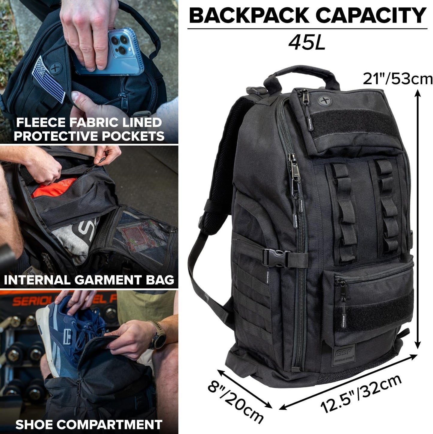 SERIOUS STEEL FITNESS Tactical Backpack and Gym Bag 1000D Nylon Black