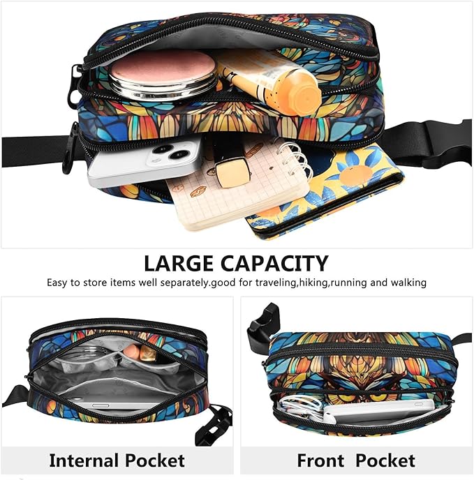 Stained Glass Printed Owl Fanny Pack for Women Men Water Resistant Fashion Waist Packs with Adjustable Strap Belt Bag for Travel Workout Jogging Hiking 21219630