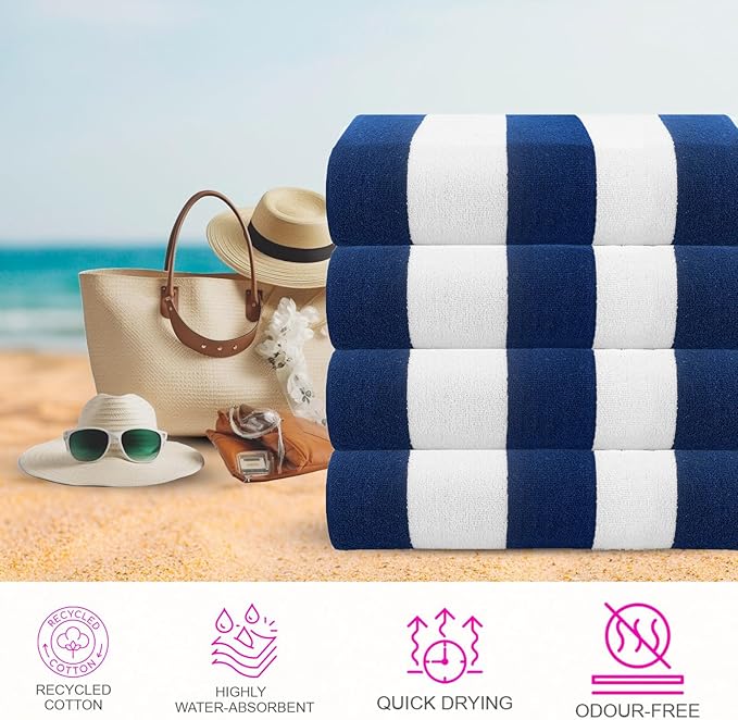 CASA COPENHAGEN Cabana Towel 4Pcs Deep Blue Designer Stripe Beach Towels Gift Set, 30"x60" Oversized 100% Cotton Pool Bath Towel for Beach Gift Set (Perfect Summer Gift Set for Women & Men)