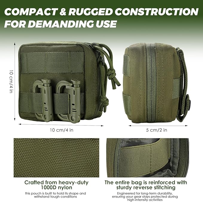2 Pack Mini Tactical EDC Molle Pouch with 4 D-Rings, Compact Utility Belt Pouches Organizer with Removable Clear ID Pocket for Enhanced Gear Attachment (4x4 GP Pouch)