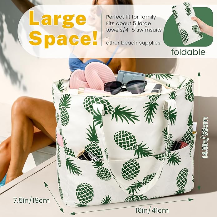 Iioscre Beach Bag for Women, Causal Hobo Pool Bags with Zipper Inner Pocket, Foldable Swim Tote Bag for Vacation Essentials