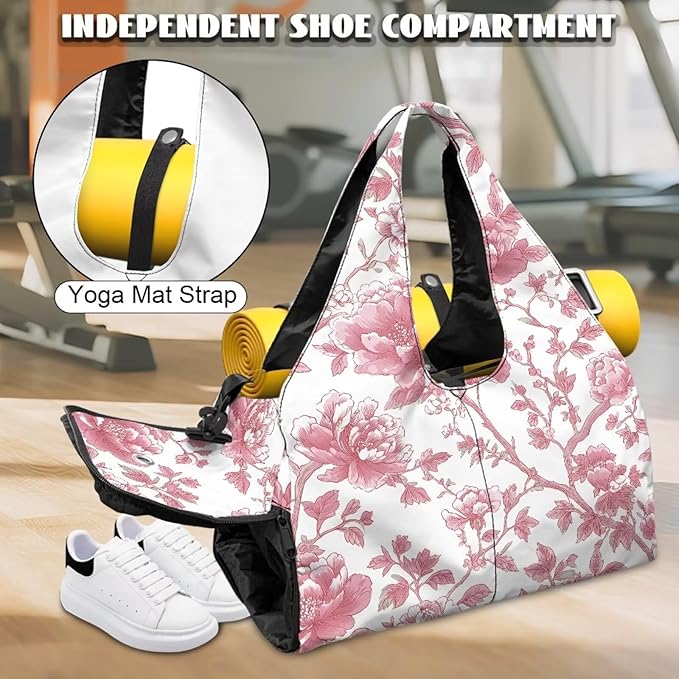 Pink Floral Gym Bag with Yoga Mat Holder and Shoe Compartment, Extra Large Vintage Flower Overnight Bag with Wet Pocket, Adjustable Shoulder Strap Fitness Sport Tote Bag