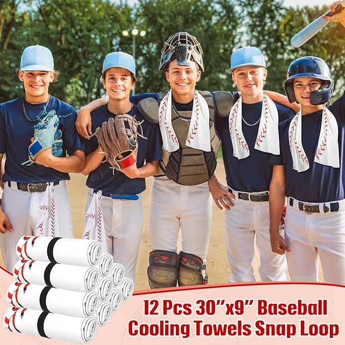 12 Pcs Mini Baseball Cooling Towel with Snap Loop, 30" x 9" Cooling Towel for Neck and Face Breathable Chilly, Microfiber Sport Rags for Baseball Team Gift, Cold Sweat Rag for Sport