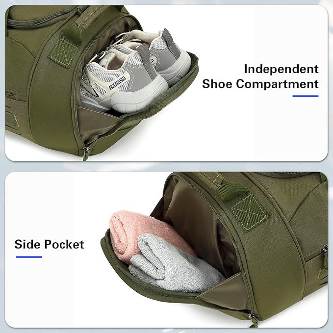 Gym Bag for Men Women 45L Sports Duffle Bag for Travel Tactical Military Duffel Bag with Shoe & Laptop Compartment Lightweight Medium Weekender Travel Bags for Fitness Training Workout, Green