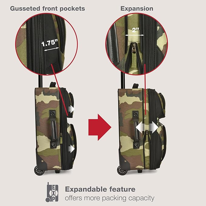 U.S. Traveler Rio Lightweight Softside Rolling Carry-on Suitcase, 2-Wheel Set, Camouflage
