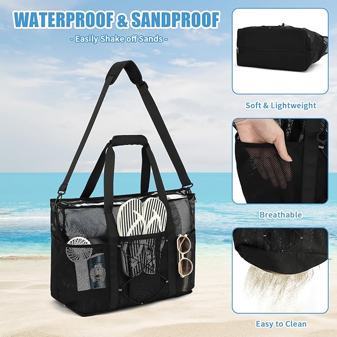 Mesh Beach Bag, Foldable Extra Large Beach Bags with Zipper Pool Bag with Portable Phone Pouch for Vacation Pool