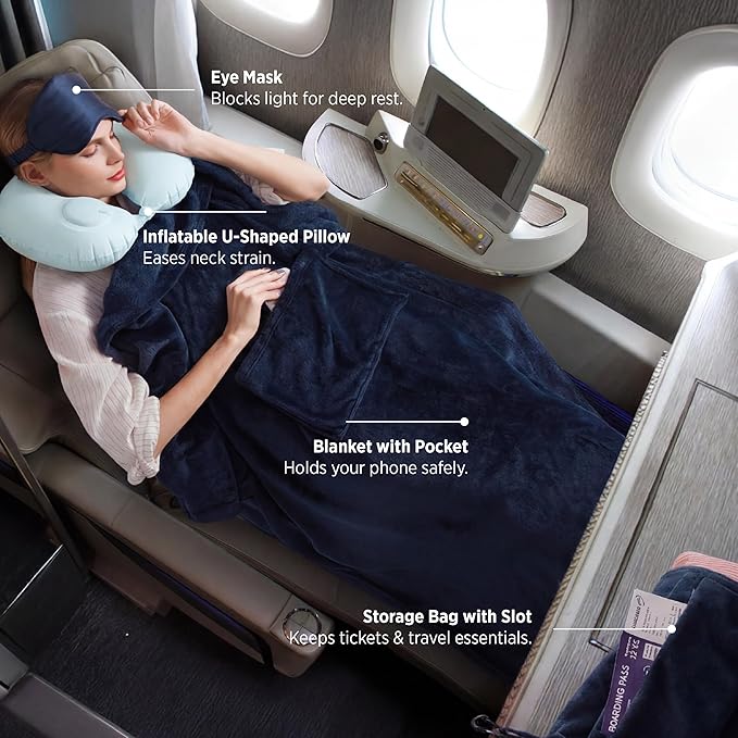 Bedsure Travel Blanket and Pillow Set with Inflatable Neck Pillows, Eye Mask and Storage Bag, Lightweight 3-in-1 Airplane Packable Blanket, Compact Travel Essentials, Navy