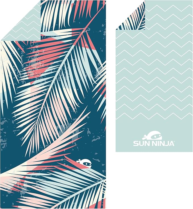 SUN NINJA Microfiber Beach Towel - Sand Free, Quick Dry, Lightweight & Compact for Beach, Pool, Yoga and Camping - 63x32 inch Super Absorbent, Large Sand Free Swim Towels for Adults and Kids