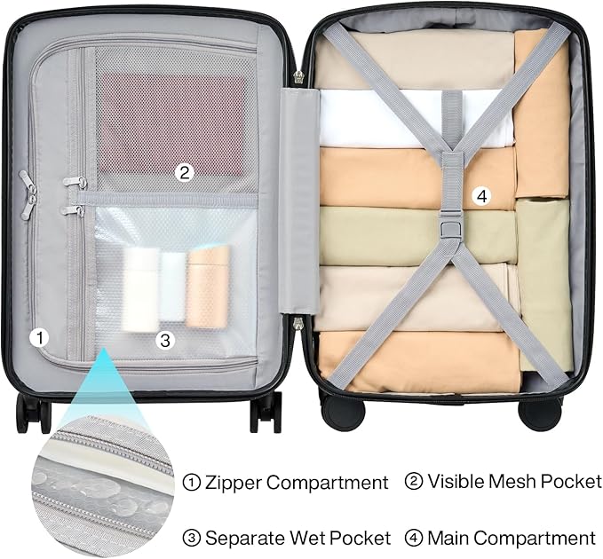 Hanke Hardside Carry-On Luggage 22x14x9 Airline Approved, 20 Inch Hard Shell Suitcases with Spinner Wheels, PC Hardshell Small Rolling Suitcase for Women Men with Tsa Lock(Jet Black)