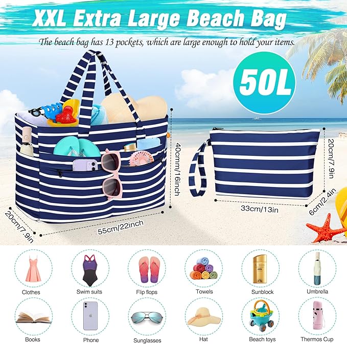 HUANLANG Extra Large Beach Bag Waterproof Beach Totes Bags for Women Men,Pool Bag with Zipper Wet Pocket