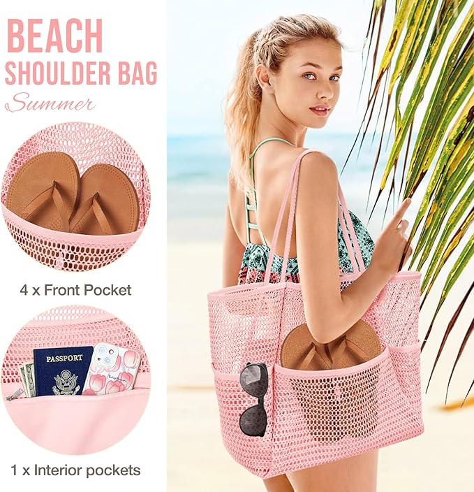 KPX Beach Bag with Mini Pocket, Beach Tote Bags for Women Large Foldable Mesh Swimming Pool Travel Bags - Sandproof