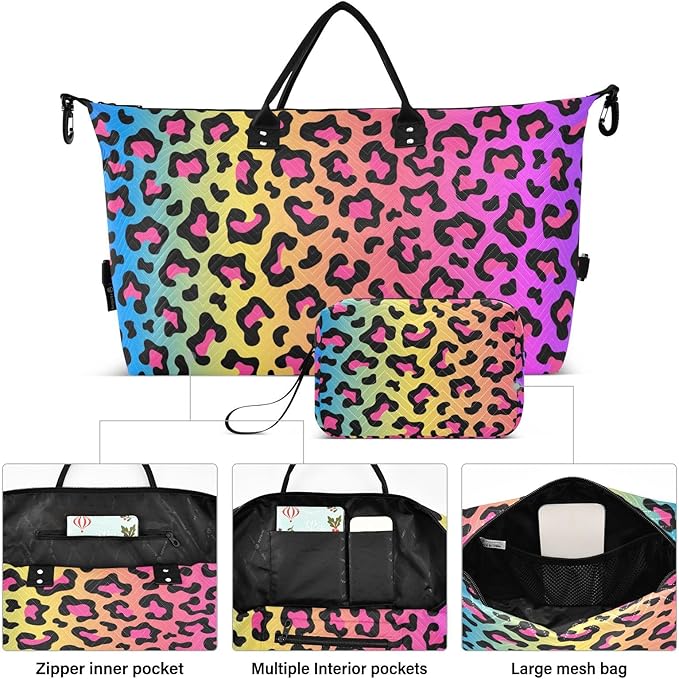 Leopard Print Quilted Travel Bags Weekender Duffle Bags With Toiletry Bag Carry on Overnight Duffels Yoga Gym Bag for Airplanes Business Sports
