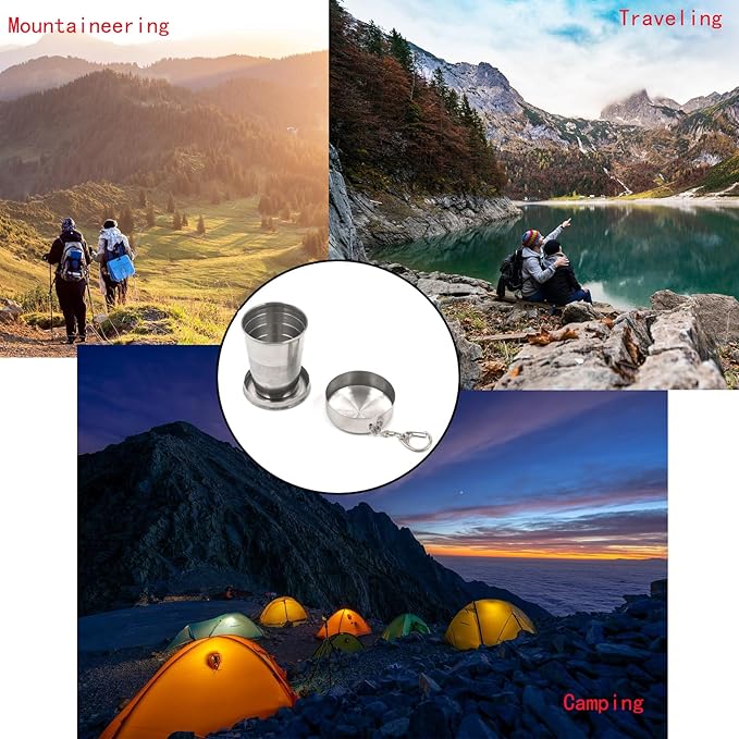 MY MIRONEY 2PCS Stainless Steel Collapsible Cup Telescopic Shot Glasses Portable Outdoor Folding Cup with Metal Keychain and Lid for Travel, Camping, Picnic (2.5 Oz)