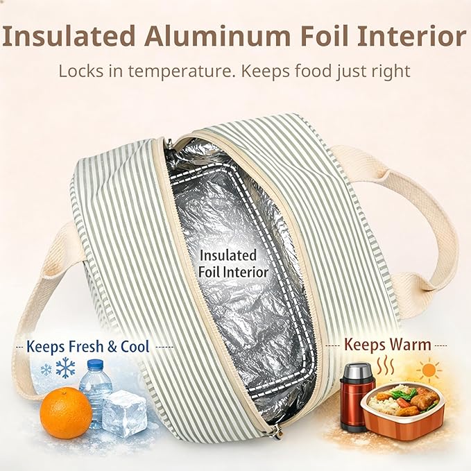 Insulated Lunch Bag for Women, Reusable Green Striped Lunch Box Cooler Bag with Large Capacity, Durable Lunch Tote for Work