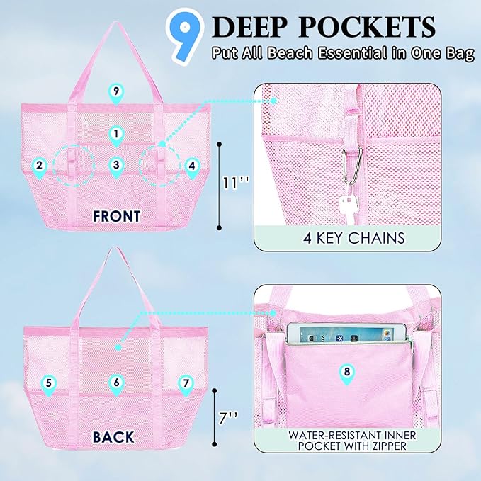 Mesh Beach Bag, Large Beach Tote with Zipper Pocket, Toys Pool Bag for Family Travel Vacation Cruise Essentials