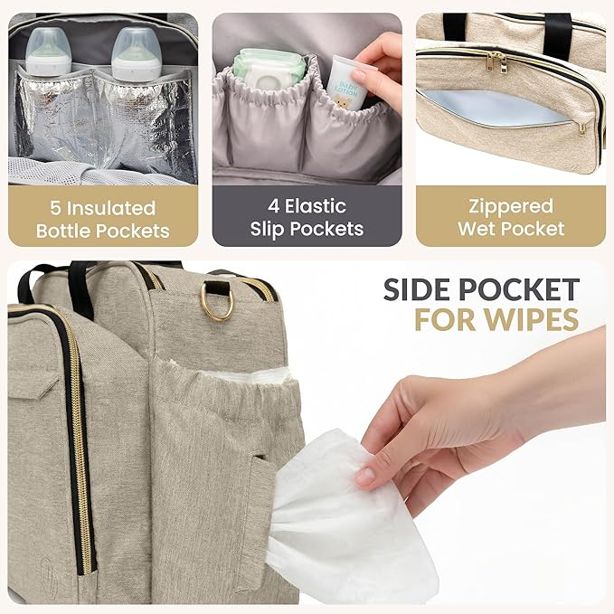 Mellories 4 in 1 Convertible Diaper Bag Tote for Baby Boys and Girls - Converts into Diaper Backpack, Baby Tote, Stroller and Crossbody Diaper Bag - Beige Baby Travel Bag - Gift for Mom